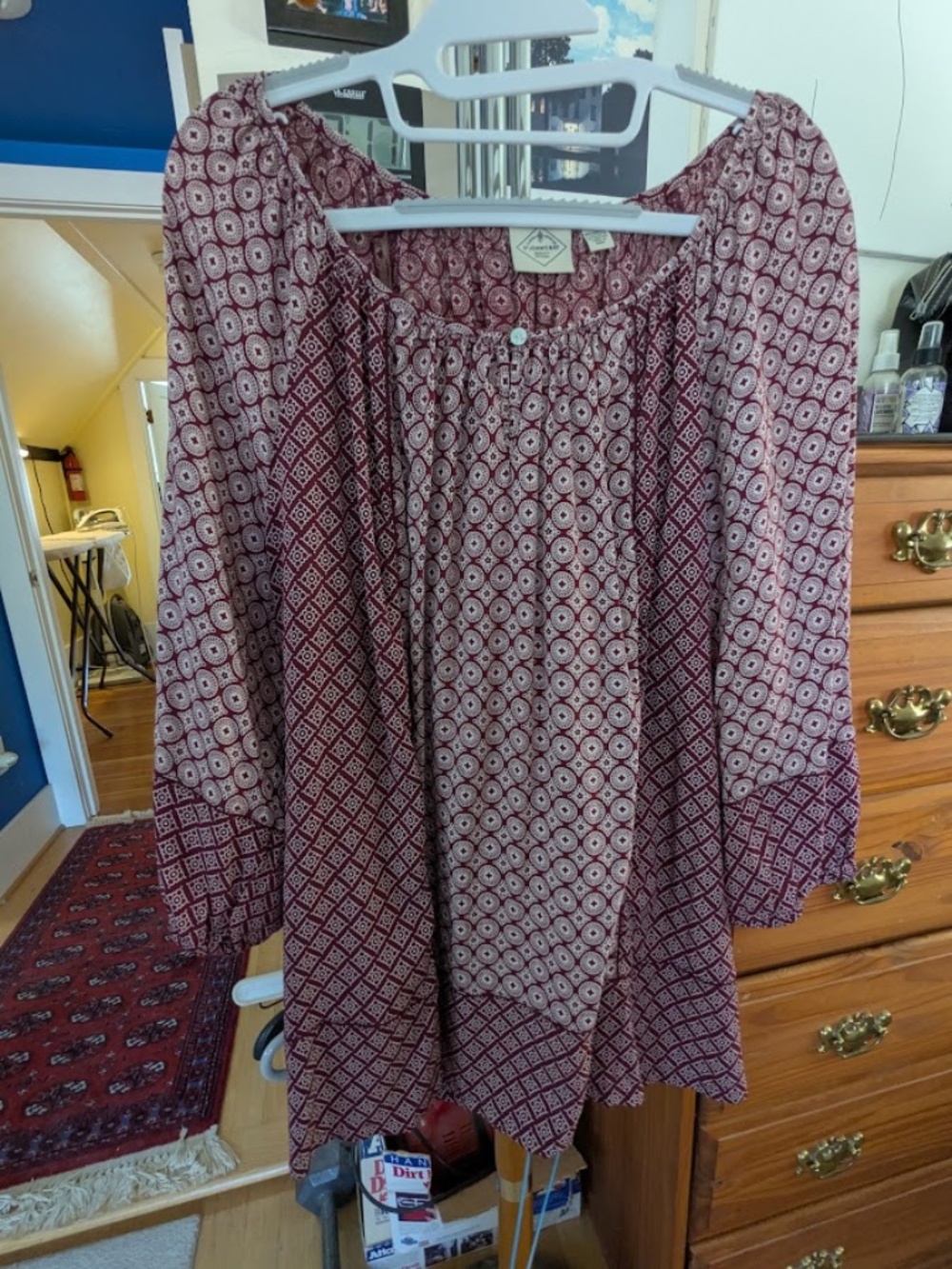 St. John's Bay Rayon Popover, Subtle Patchwork in Wine Red, 1x